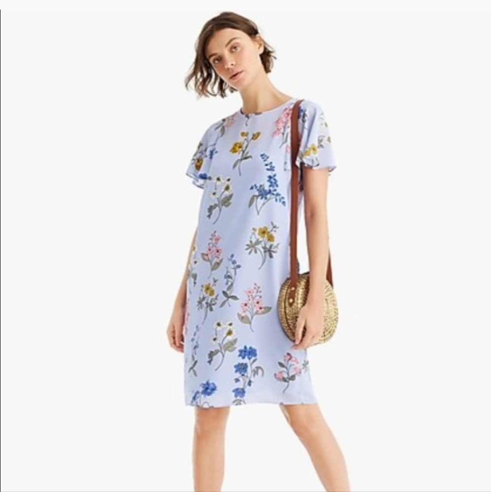 J. Crew silk floral flutter sleeve blue shift dress